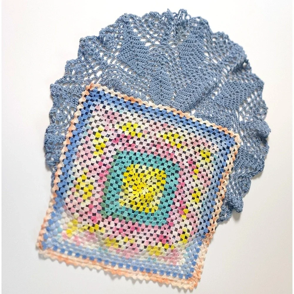 Vintage Crochet Doily Lot of 2 Blue and Pastel Rainbow Color